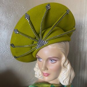 REMARKABLE 1970s' LIME GREEN FELT WIDE BRIM HAT + RHINESTONE TRIM